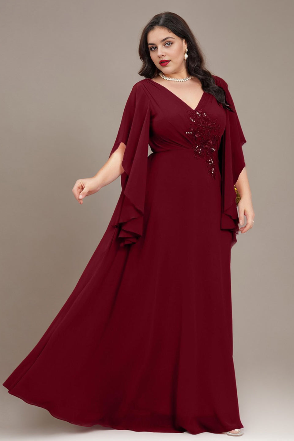 Curveins Plus Size V Neck Batwing Sleeve Chiffon Maxi Dress Elegant Flowing Fit