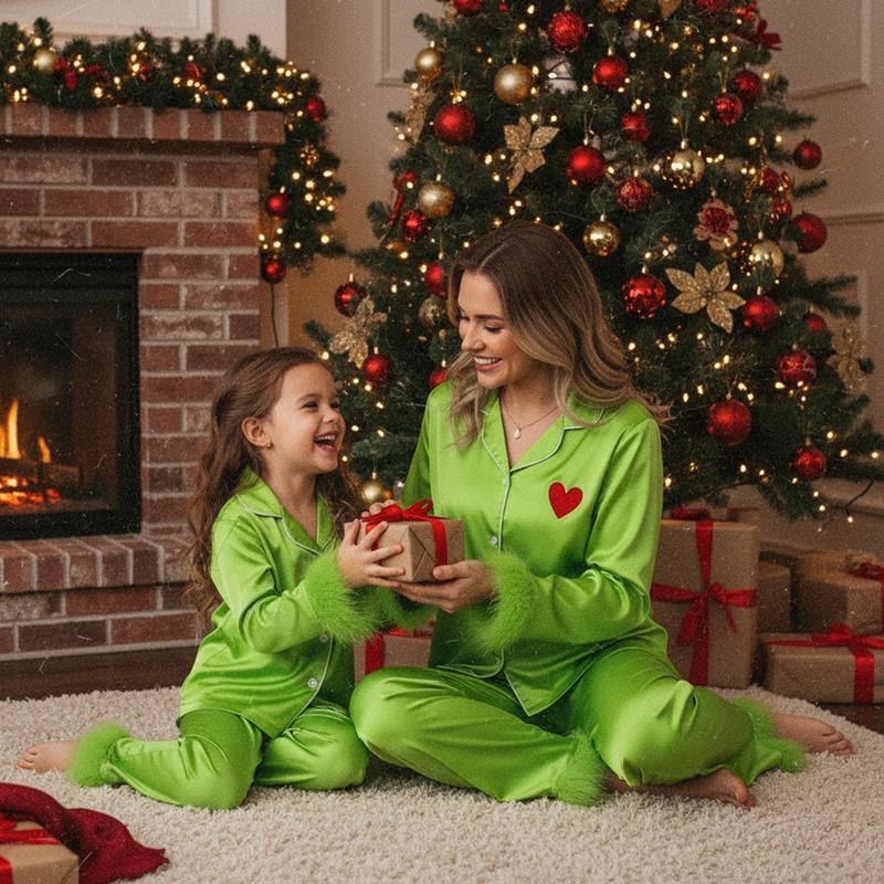 Mommy and Me Pajamas Christmas Family Matching Sleepwear Long Sleeve Lapel V Neck Button Down Tops and Elastic Waist Pants Loungewear