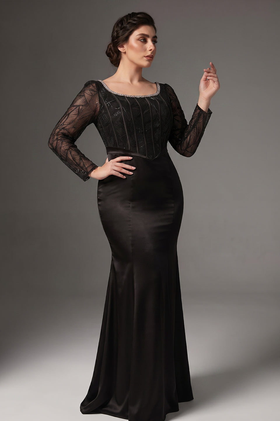 Curveins Plus Size Round Neck Long Sleeve Patchwork Ruched Waist Bodycon Maxi Dress