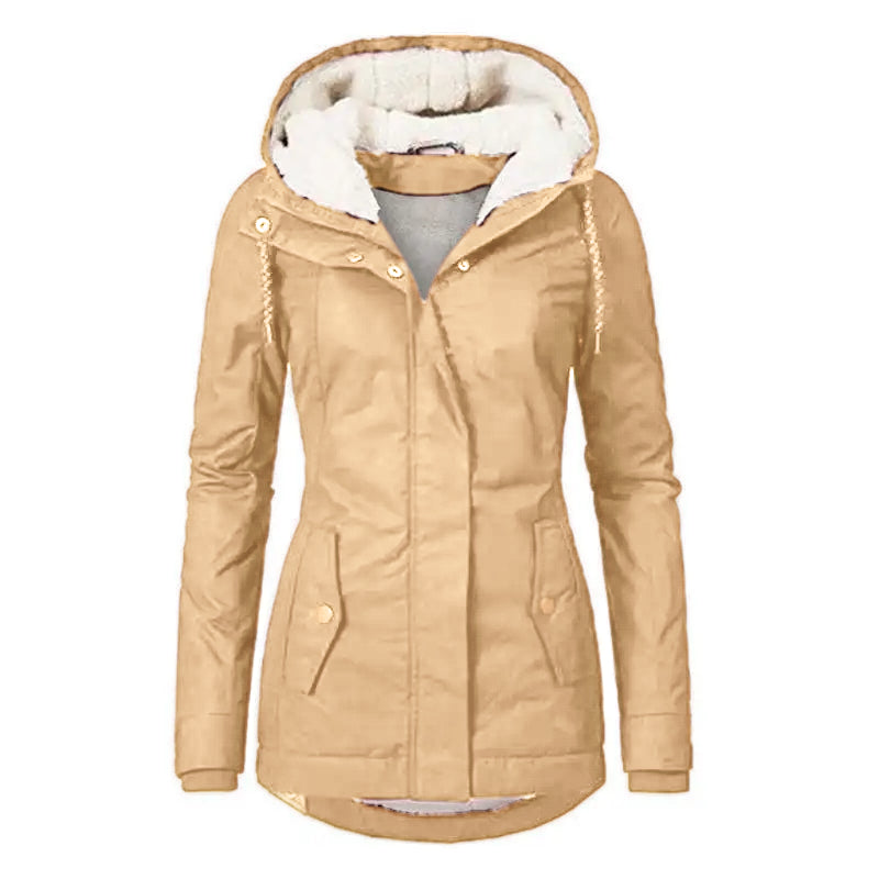 Winter Thickened Cotton Parka with Fleece Lining Hooded Warm Coat Mid-Length Women's Fitted Long Sleeve Outerwear Black Imitation Fur Tops for Casual Basic Minimalist Womenswear Elegance Style - Jackets
