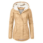 Winter Thickened Cotton Parka with Fleece Lining Hooded Warm Coat Mid-Length Women's Fitted Long Sleeve Outerwear Black Imitation Fur Tops for Casual Basic Minimalist Womenswear Elegance Style - Jackets