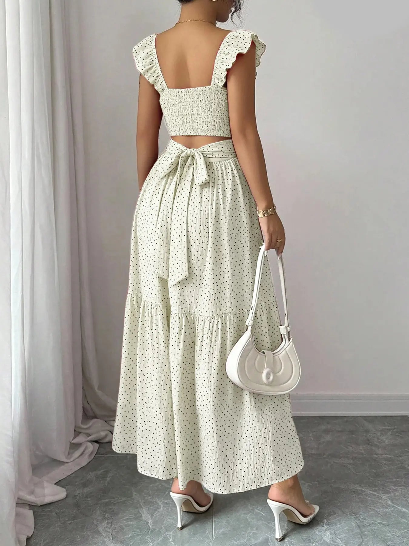 1 Piece Spring & Summer Ruffled Square Neck Polka Dot Maxi Dress