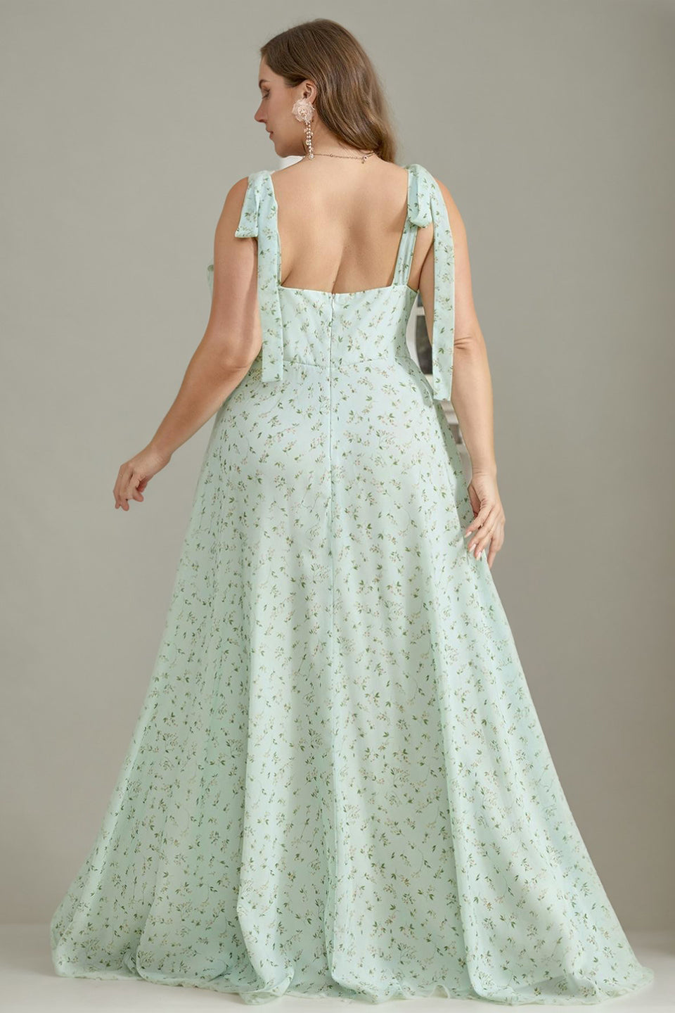 Curveins Plus Size Square Neck Spaghetti Strap Floral Embellishment High Slit Maxi Dress