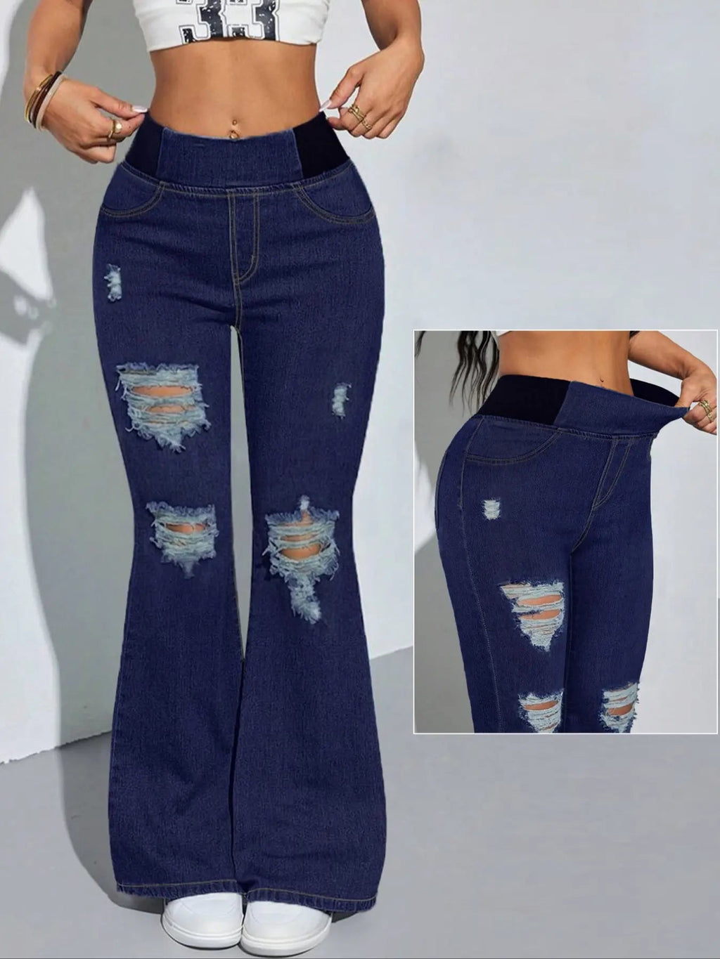 Y2K 2026 Women's Back Shirred Jeans,Mid-Rise Elasticity Waist Flared Jeans,With Pockets,Light Blue Washing Process,Women's Bell-Bottoms Wide-Leg Jeans,Waist - Cinching Design