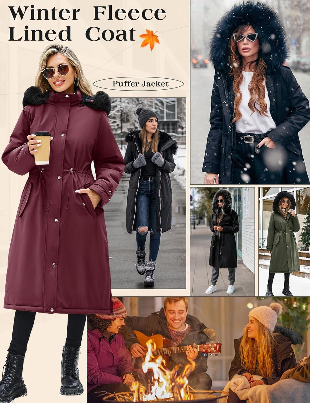 Women's Long Coats Winter Fleece Lined Warm Long Jackets for Women, Water Repellent Windproof Parka Coat Zip Up Button Drawstring Waist Overcoat with Pockets and Detachable Hood