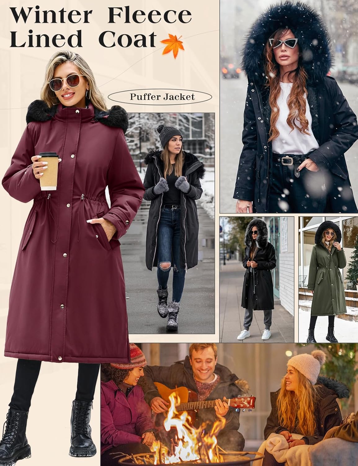 Women's Long Coats Winter Fleece Lined Warm Long Jackets for Women, Water Repellent Windproof Parka Coat Zip Up Button Drawstring Waist Overcoat with Pockets and Detachable Hood