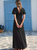 Women's Bohemian V-Neck Short Sleeve Long Dress, Casual Polka Dot Vacation Style, New European and American Fashion
