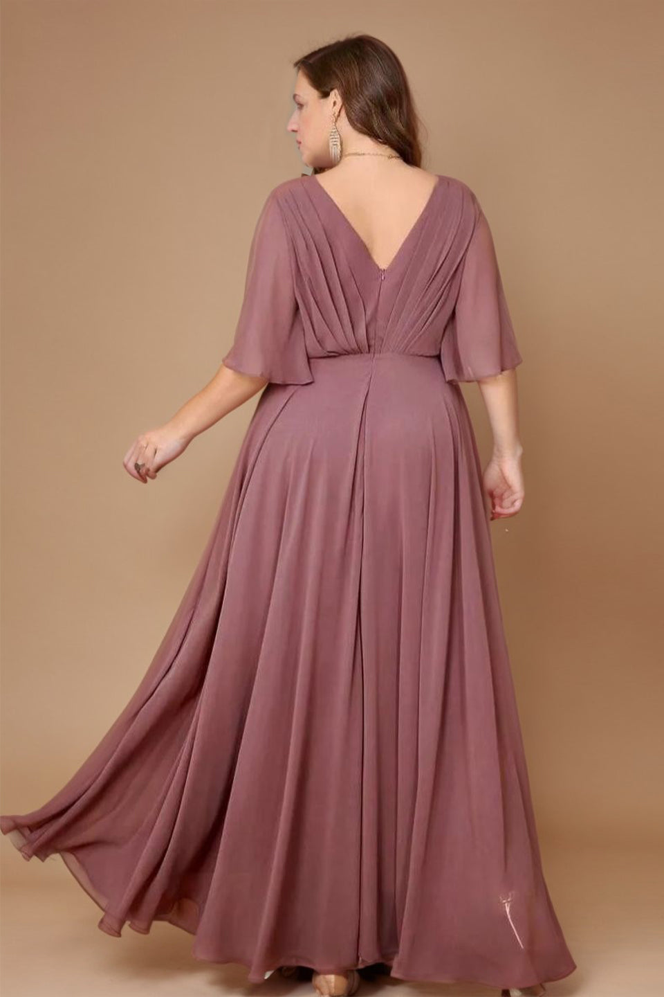Curveins Plus Size Batwing Sleeve V Neck Gathered Waist Elegant Maxi Dress