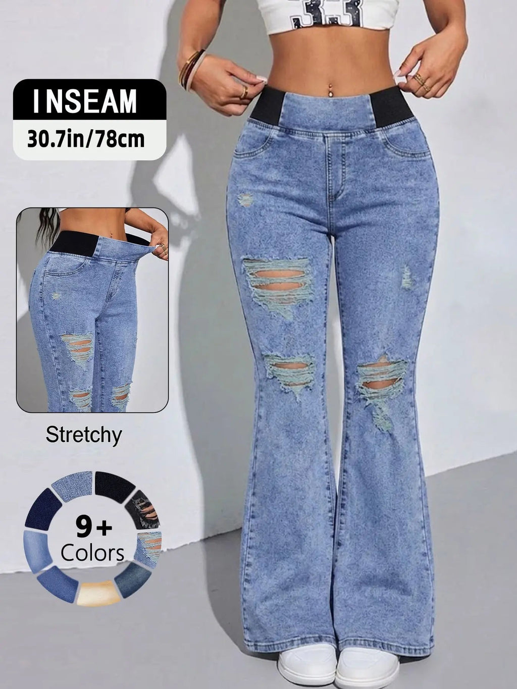 Y2K 2026 Women's Back Shirred Jeans,Mid-Rise Elasticity Waist Flared Jeans,With Pockets,Light Blue Washing Process,Women's Bell-Bottoms Wide-Leg Jeans,Waist - Cinching Design
