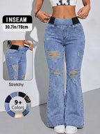 Y2K 2026 Women's Back Shirred Jeans,Mid-Rise Elasticity Waist Flared Jeans,With Pockets,Light Blue Washing Process,Women's Bell-Bottoms Wide-Leg Jeans,Waist - Cinching Design