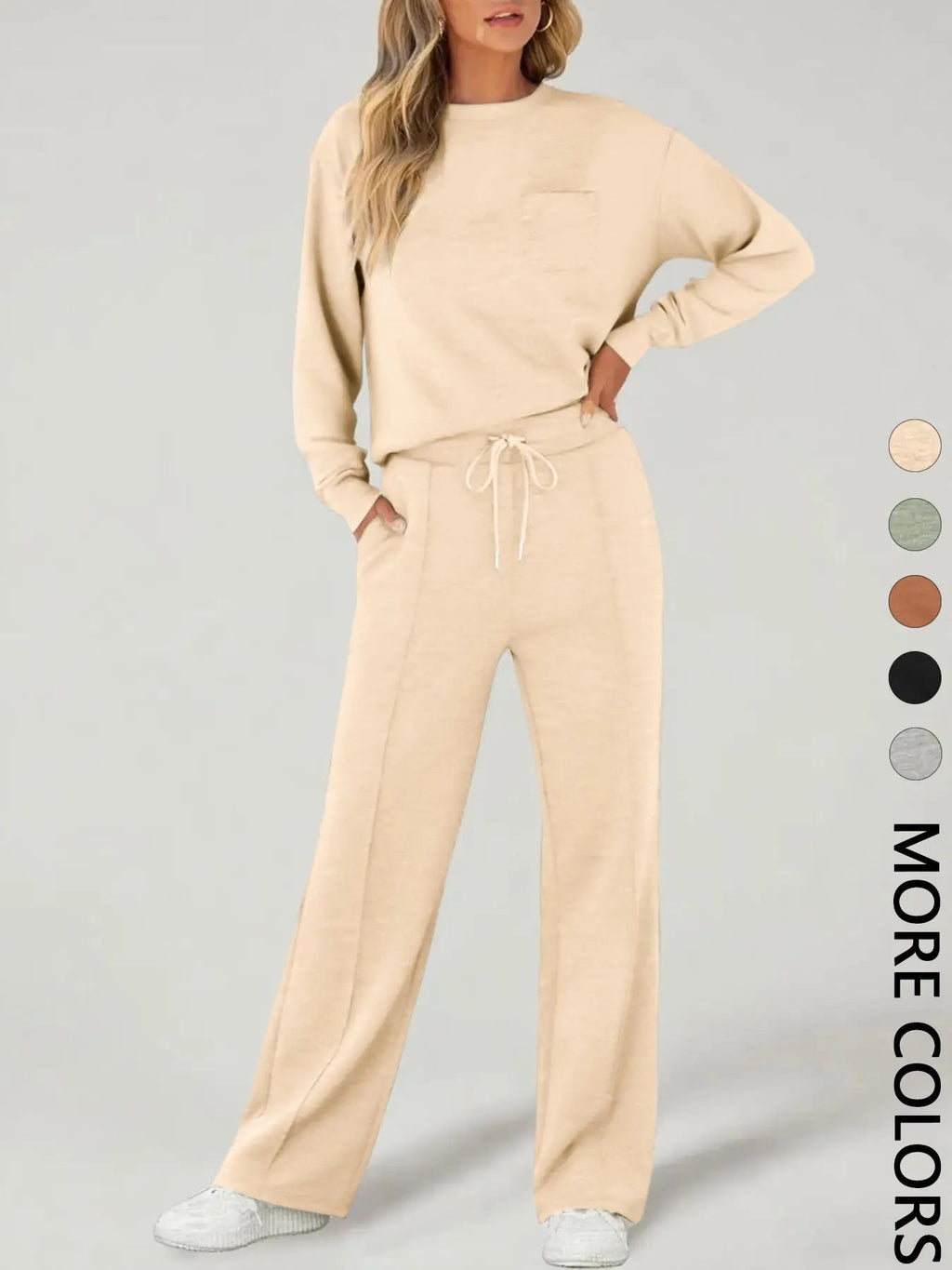 2 Piece Women's Casual Long Sleeve Pocket Sportswear Set, Stylish Wide Leg Athletic for All Seasons, Comfortable Fitted Fashion