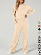 2 Piece Women's Casual Long Sleeve Pocket Sportswear Set, Stylish Wide Leg Athletic for All Seasons, Comfortable Fitted Fashion
