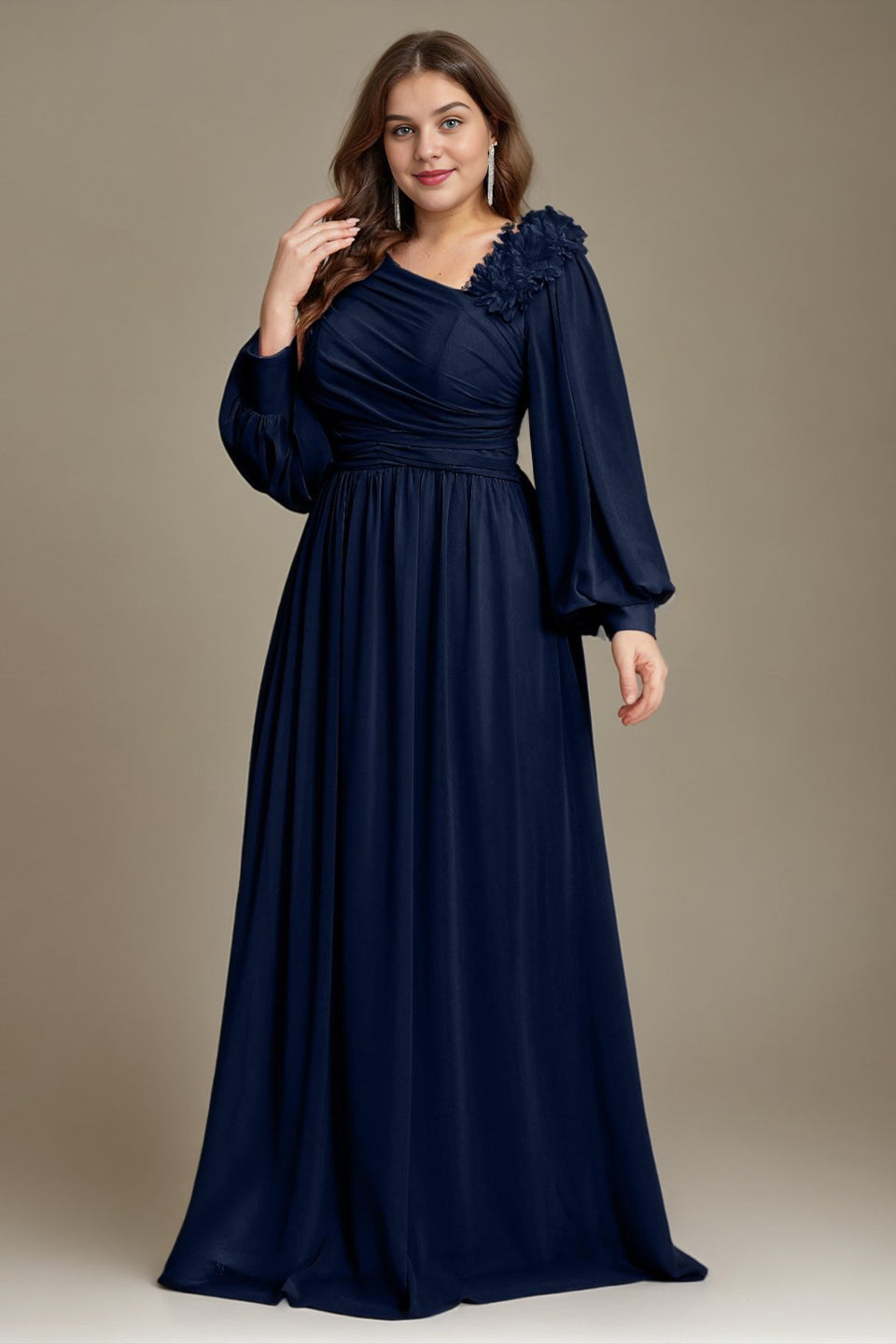 Curveins Plus Size One Shoulder Chiffon 3D Flower Detail Elegant Flowy Maxi Dress