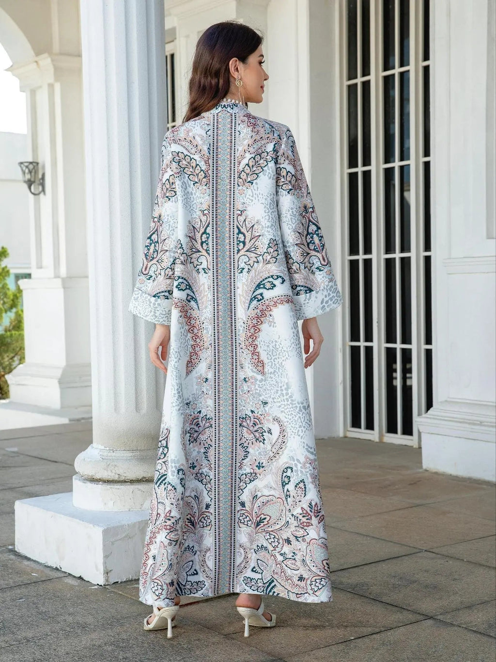 Women's V Neck Long Dress, All-Season Loose Fit A-Line Jalabiya, Soft 75D Stretch Fabric, Elegant Arabic Clothing