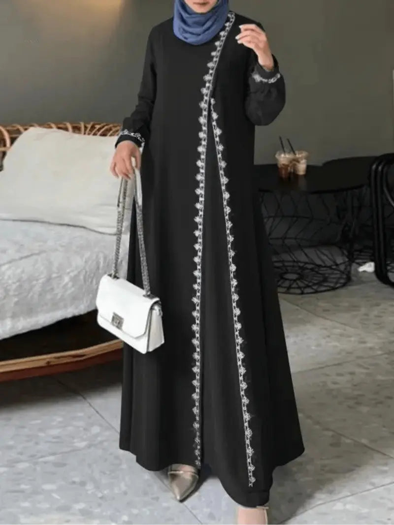 Women's Fashion Long Sleeve Round Neck Solid Color Casual Dress, Elegant Lace Trim Robe Style, Perfect for Daily Wear & Special Occasions