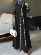 Women's Fashion Long Sleeve Round Neck Solid Color Casual Dress, Elegant Lace Trim Robe Style, Perfect for Daily Wear & Special Occasions
