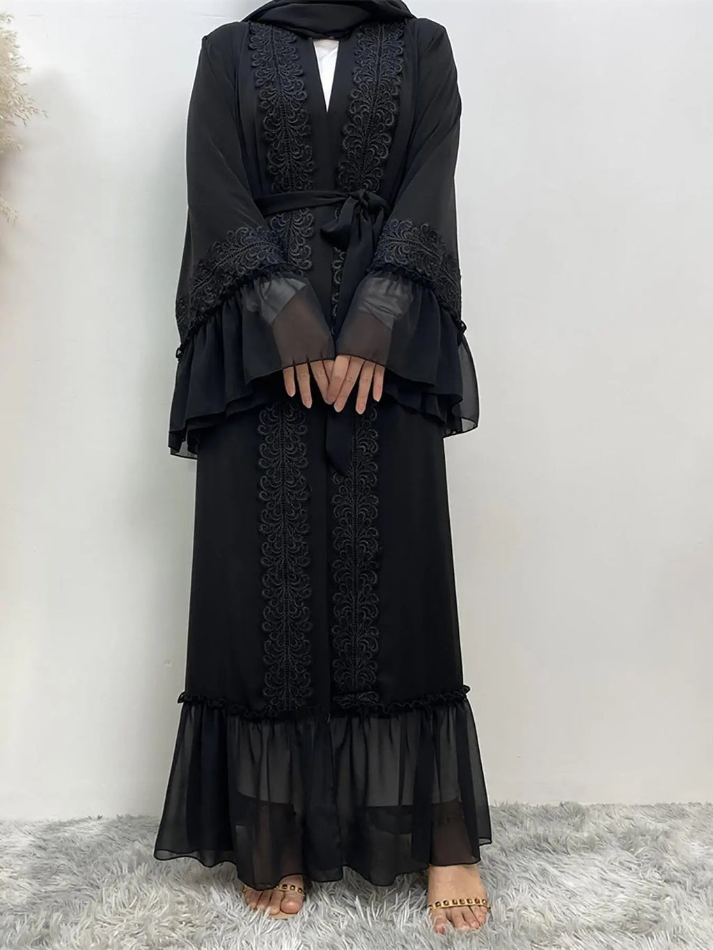 Arabic Clothing- Contrast Lace Belted Abaya without Hijabs, Summer Outfits, Arabic Fashion Long Sleeve Flounce Sleeve Dress, Modest Abaya Clothing for Women, Islamic Abaya