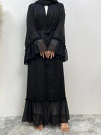 Arabic Clothing- Contrast Lace Belted Abaya without Hijabs, Summer Outfits, Arabic Fashion Long Sleeve Flounce Sleeve Dress, Modest Abaya Clothing for Women, Islamic Abaya