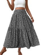 Women's Floral Casual A-Line Skirt, Elastic Waist Pockets, Leaf Hem, Long Fitted Skirt, Fashionable Mid-Length Dress