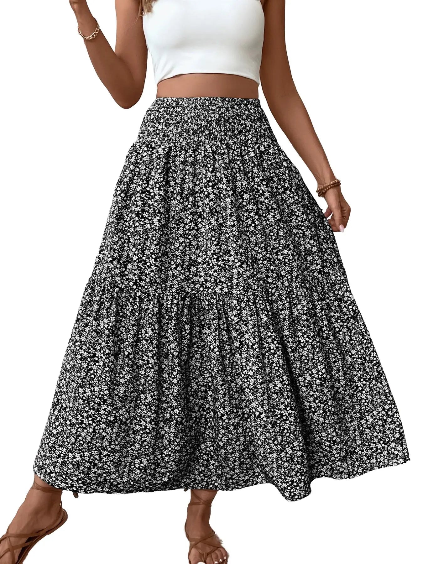 Women's Floral Casual A-Line Skirt, Elastic Waist Pockets, Leaf Hem, Long Fitted Skirt, Fashionable Mid-Length Dress