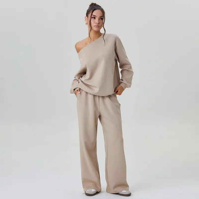 Women's Leisure Solid Color Sloping Shoulder Long Sleeve Top & Wide Leg Trousers Co-ord, Cozy Scoop Neck Loose Two Piece Outfits, Basic Womenswear