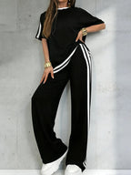 Women's Casual Athleisure Sportswear Set, Solid Color Round-Neck Short-Sleeve Split-Hem Top and Striped Long Pants, Spring/Summer Two-Piece Set