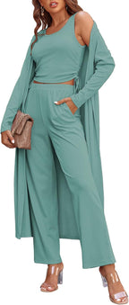 Women's 3 Piece Lounge Set Pajama Long Sleeve Cardigan Sleeveless Top Pants Sweatsuit