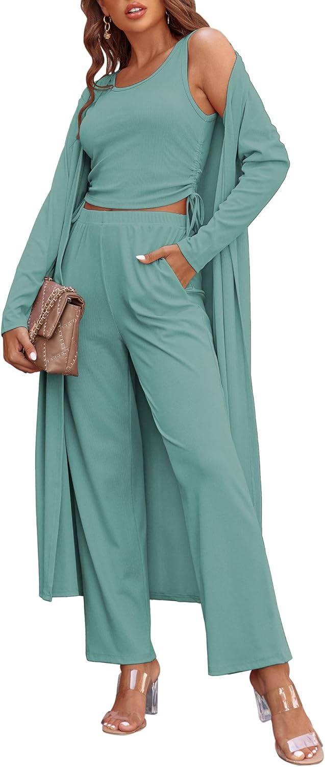 Women's 3 Piece Lounge Set Pajama Long Sleeve Cardigan Sleeveless Top Pants Sweatsuit