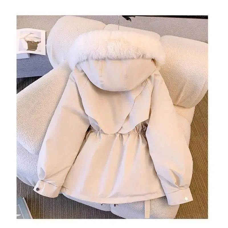 FauxFurMid-LengthHoodedDrawstringParka,WinterWarmThickenedLadiesPufferJackets,FleeceLinedWinterCoatforWomen
