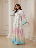Women's V Neck Long Dress, All-Season Loose Fit A-Line Jalabiya, Soft 75D Stretch Fabric, Elegant Arabic Clothing