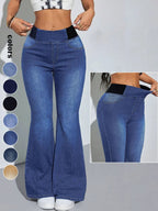 Y2K 2026 Women's Back Shirred Jeans,Mid-Rise Elasticity Waist Flared Jeans,With Pockets,Light Blue Washing Process,Women's Bell-Bottoms Wide-Leg Jeans,Waist - Cinching Design
