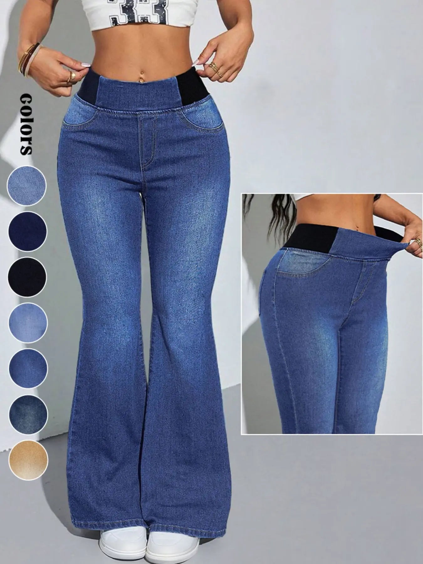 Y2K 2026 Women's Back Shirred Jeans,Mid-Rise Elasticity Waist Flared Jeans,With Pockets,Light Blue Washing Process,Women's Bell-Bottoms Wide-Leg Jeans,Waist - Cinching Design