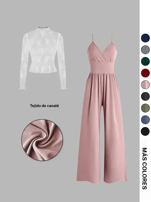 Valentine's Day Women's Solid Color Lace Tee & Pocket Jumpsuit Two-piece Set, Elegant Fashion Casual Zipper Back Cami Jumpsuit & Long Sleeve Top for Daily Outdoor Wear, Women's Clothing for Spring & Fall