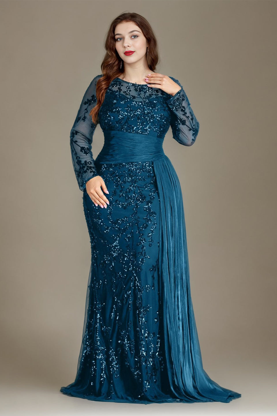 Curveins Plus Size Round Neck Embroidered Tie-Sash Bodycon Maxi Dress