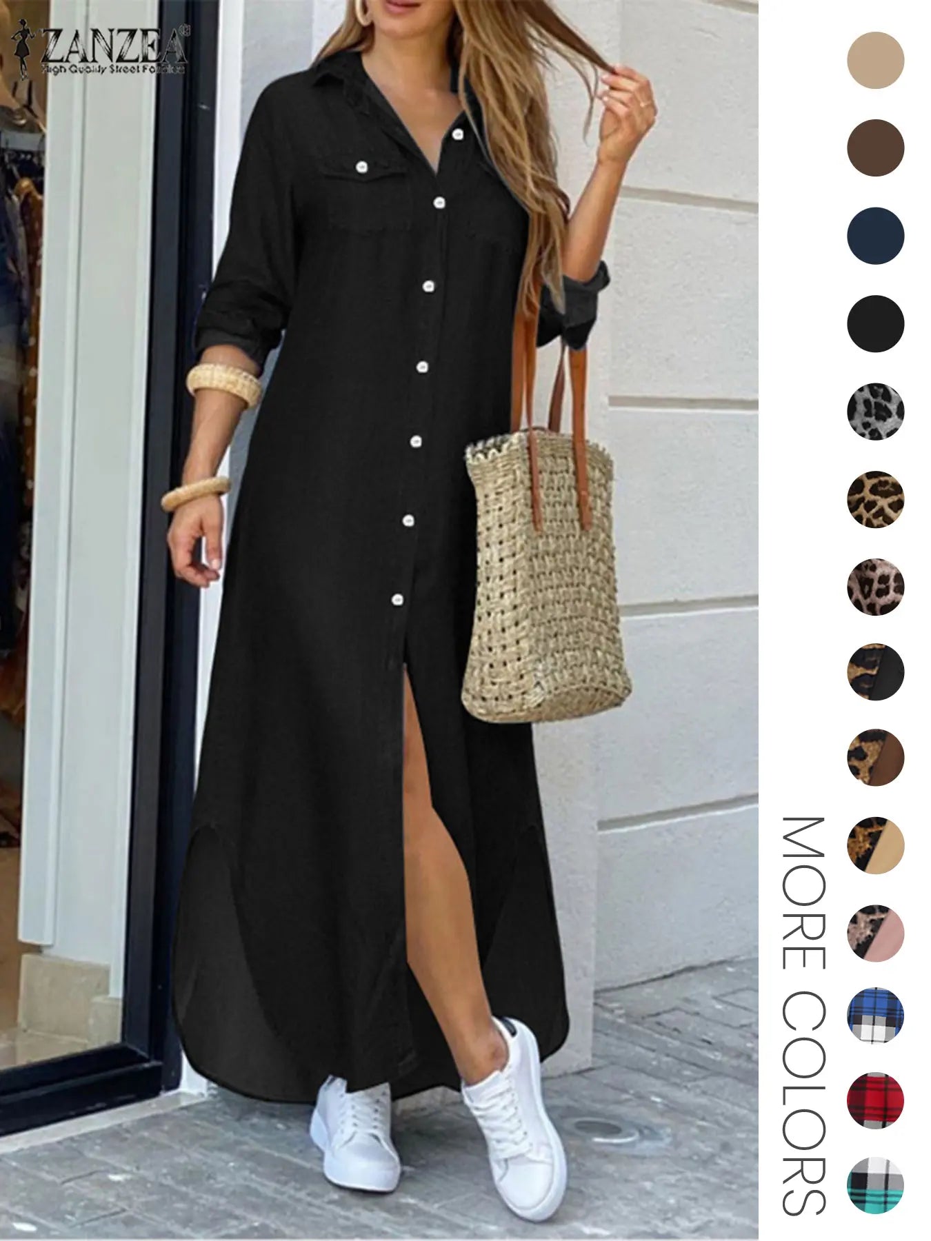 Women's Leopard Print Button Front Flap Pocket Shirt Fabric Dress, Casual Curved Hem Long Sleeve Collared Long Dress for Daily Wear, Ladies' Clothes for All Seasons, Womenswear