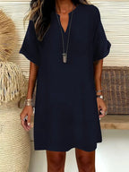 Women's Plain Notched-Neck Short Sleeve Midi Dress, Casual Chic Fashion Drop Shoulder A-Line Dress for Summer, Comfortable and Stylish Dress