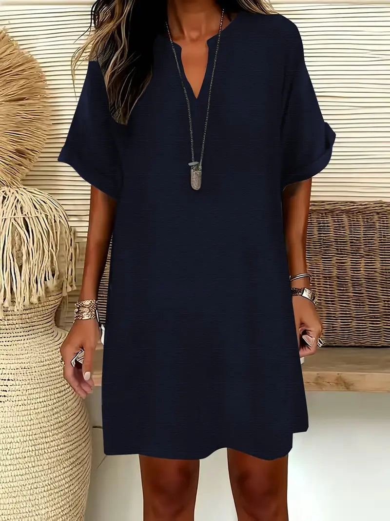 Women's Plain Notched-Neck Short Sleeve Midi Dress, Casual Chic Fashion Drop Shoulder A-Line Dress for Summer, Comfortable and Stylish Dress