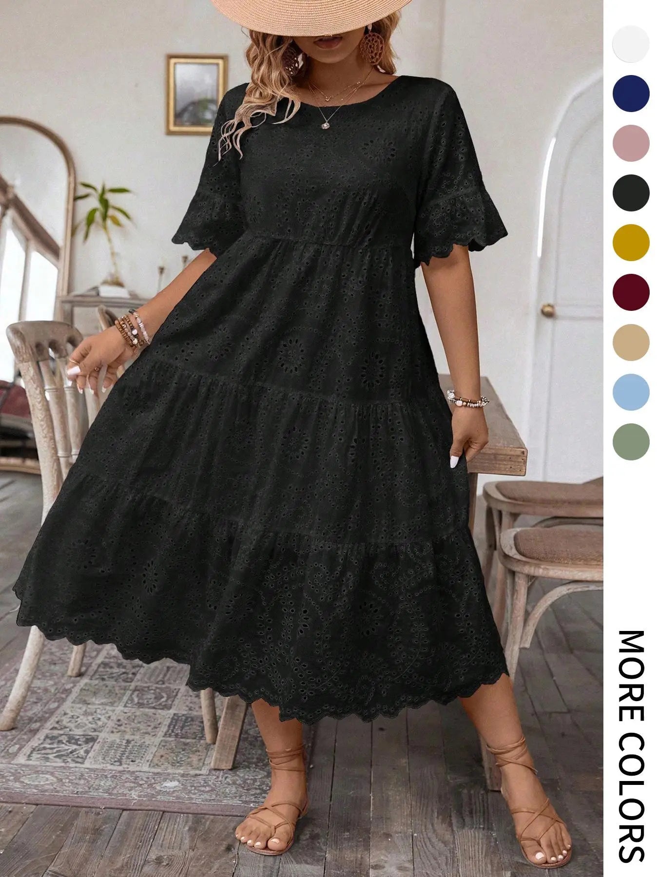 [Plus Size] Solid Eyelet Embroidery Dress, Boho-Style Round-Neck Dress for Vacation and Everyday Wear – Women's Summer Clothing