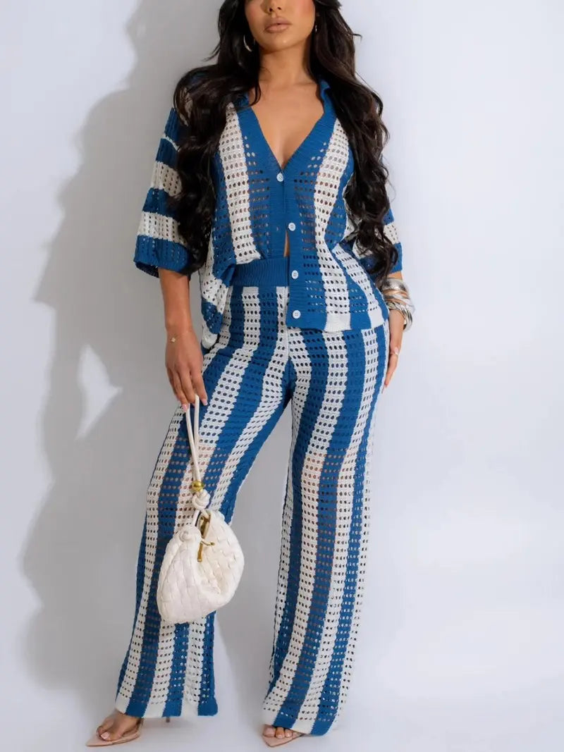 Women's Color-Block Striped Cutout Button-Front Top & Wide-Leg Pants Two-Piece Set
