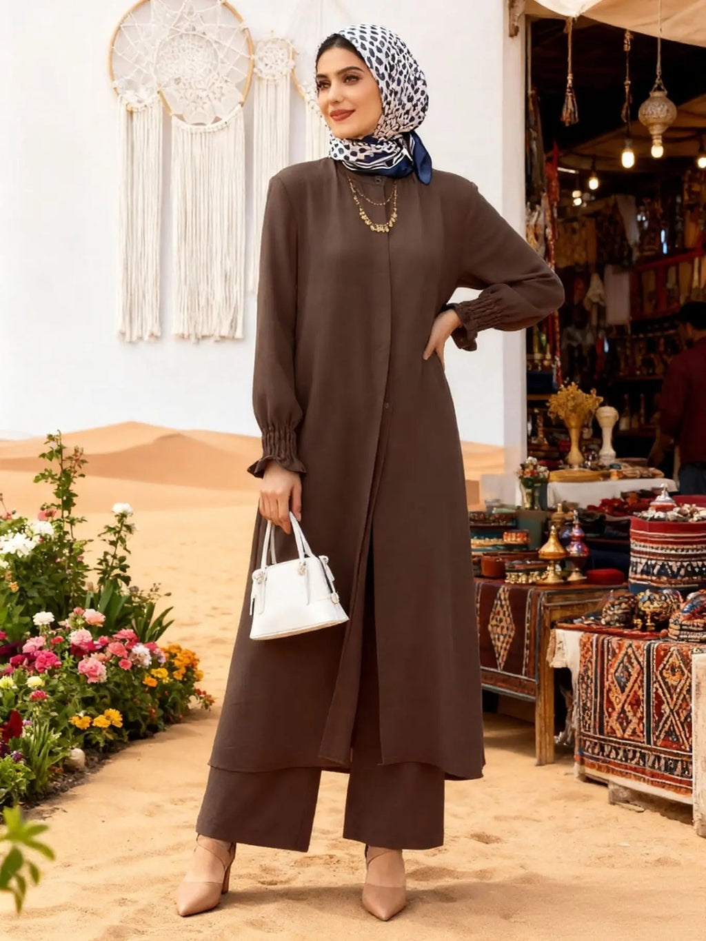 Arabian Style Modesty Two-Piece Set for Muslim Women Long Sleeve Shirt & Pants, Plus Size, Perfect for Spring & Fall Seasons