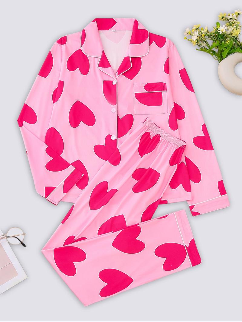 Two-piece Set Women's Bow Print Button Front Pocket Shirt & Elastic Waist Pants Pajama, Casual Comfy Long Sleeve Lapel Neck Top & Trousers Pj Set