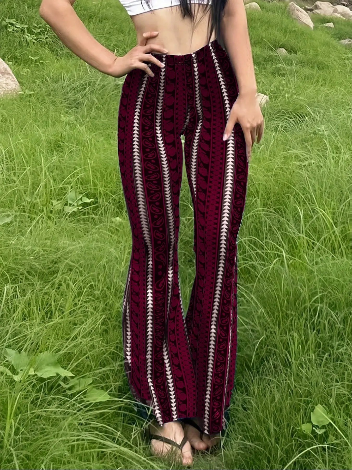 Women's Geometric Print Flared-Leg Knit Fitted Pants, Summer Casual Comfy Chic Trousers for Daily Wear, Ladies Bottoms for All Seasons