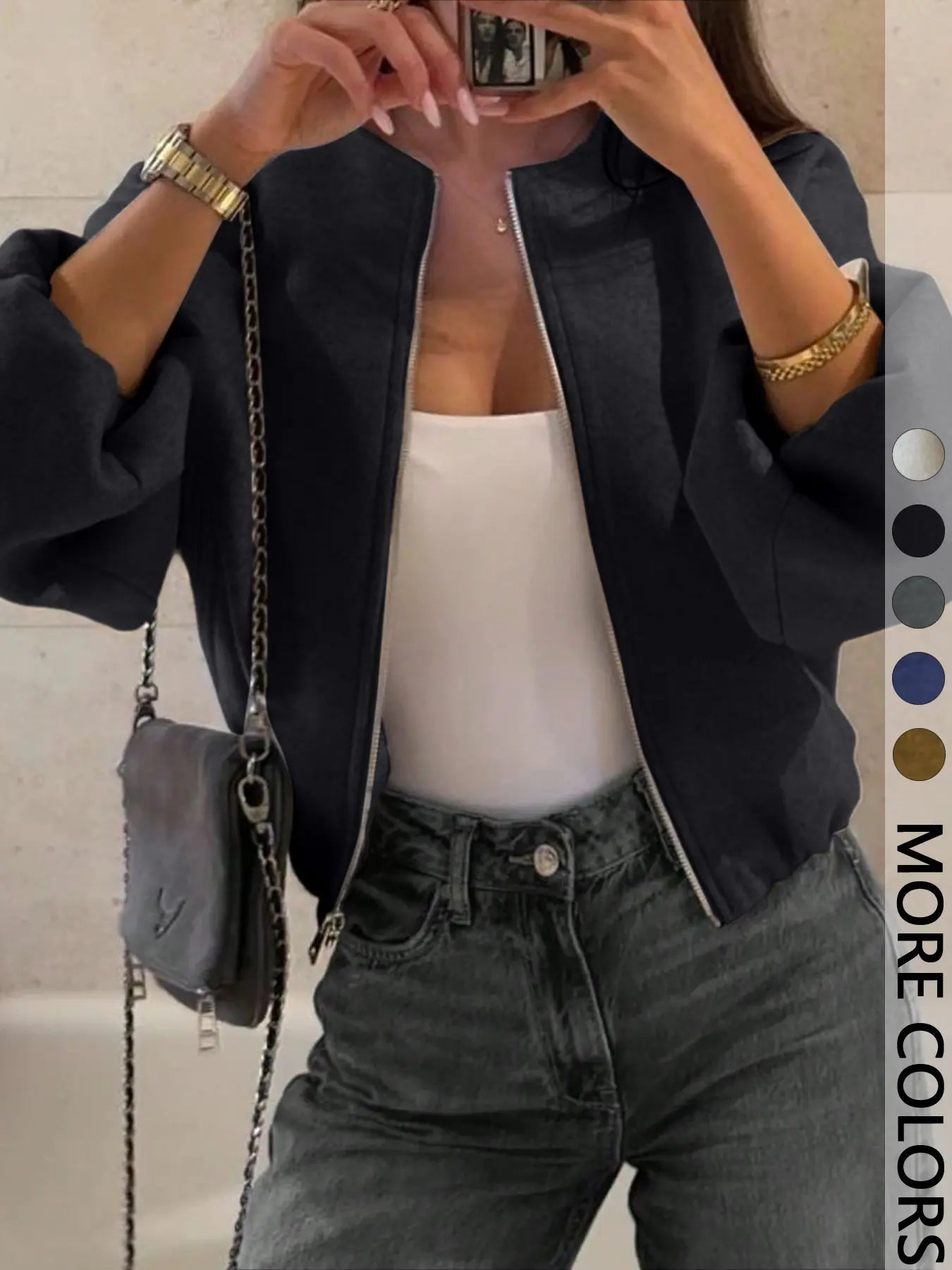 Women's Zipper Jacket Coat, Casual Style Women's Outerwear, Perfect for Fall & Winter Daily Wear, Fitted Design, Woven, Moderate Fabric Thickness