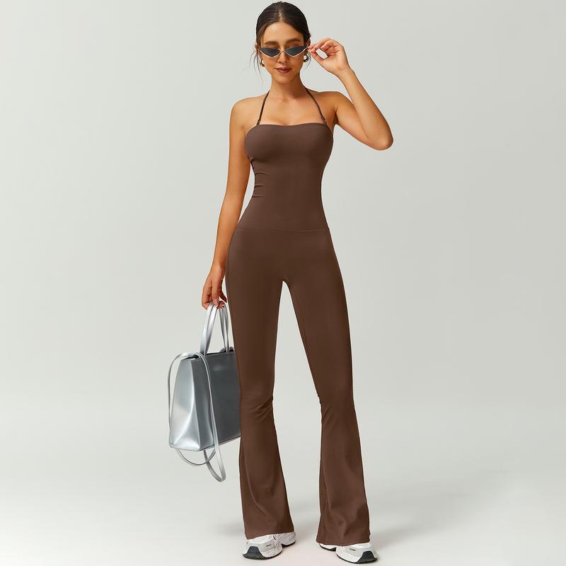 Women's Halter Neck Bodycon Flared Leg Jumpsuit – Stylish & Comfortable for Fitness & Fashion,Stylish & Comfortable Athleisure Outfit, Butt Lifting, High Waist Workout Gym Clothing Stretchable Activewear,jumpsuit women