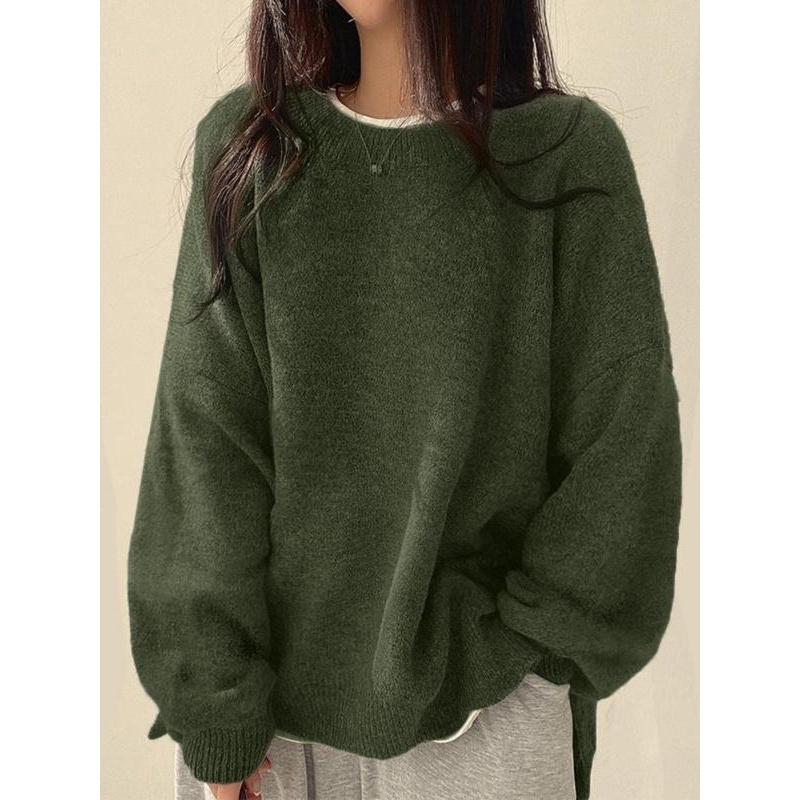 Women's Drop Shoulder Split Hem Sweater, Casual Long Sleeve Round Neck Jumper, Women's Knitwear Top for Fall & Winter, Sweaters for Women