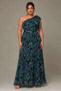 Curveins Plus Size One Shoulder Striped Cinched Waist Elegant Flowing Maxi Dress
