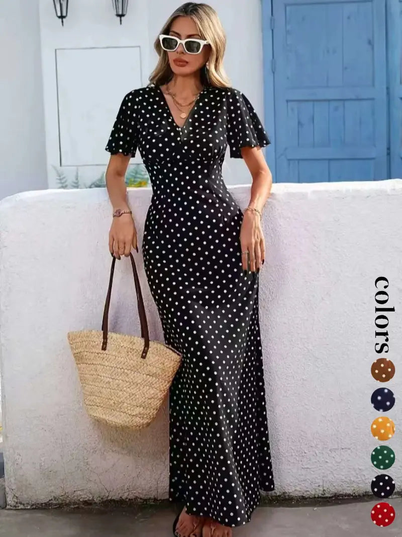Women's Bohemian V-Neck Short Sleeve Long Dress, Casual Polka Dot Vacation Style, New European and American Fashion