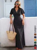 Women's Bohemian V-Neck Short Sleeve Long Dress, Casual Polka Dot Vacation Style, New European and American Fashion