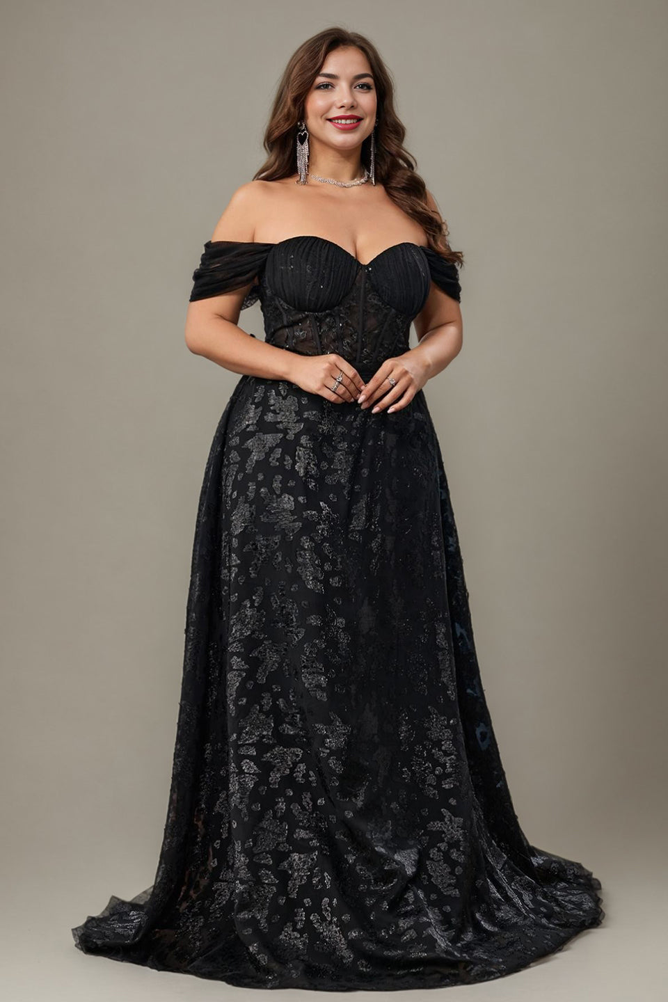 Curveins Plus Size Sparkly Floral Off Shoulder Fitted Waist Maxi Dress