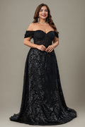 Curveins Plus Size Sparkly Floral Off Shoulder Fitted Waist Maxi Dress